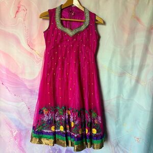 Gold Hot Pink Rhinestones Floral Indian Pakistani Salwar Kameez Dress
